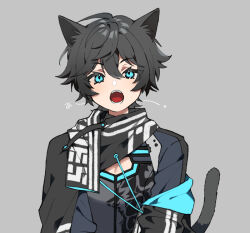 Rule 34 | 1boy, animal ears, axia krone, axia krone (1st costume), black hair, black jacket, black scarf, black shirt, blue eyes, cat ears, cat tail, cleavage cutout, clothing cutout, grey background, hair between eyes, jacket, long sleeves, mmo!!!!, nijisanji, off shoulder, open mouth, scarf, shirt, sidelocks, simple background, solo, tail, upper body, virtual youtuber