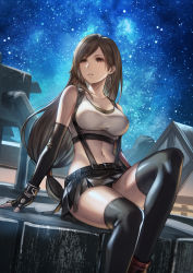 Rule 34 | 1girl, absurdres, anbe yoshirou, arm support, bare shoulders, belt, black gloves, black skirt, black thighhighs, breasts, brown eyes, brown hair, building, cleavage, collarbone, commentary request, crop top, earrings, elbow gloves, final fantasy, final fantasy vii, fingerless gloves, gloves, highres, jewelry, knee up, large breasts, long hair, looking away, low-tied long hair, midriff, miniskirt, navel, night, night sky, outdoors, parted lips, shirt, sitting, skirt, sky, sleeveless, sleeveless shirt, solo, star (sky), starry sky, stomach, suspenders, tank top, thighhighs, thighs, tifa lockhart, white shirt
