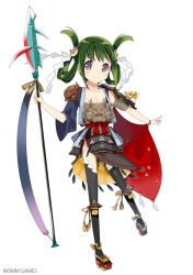 Rule 34 | asymmetrical sleeves, breasts, cleavage, copyright name, green hair, hair ornament, iwateyama (oshiro project), kamaboko red, mismatched sleeves, oshiro project:re, oshiro project:re, polearm, small breasts, solo, spear, thighhighs, twintails, weapon, white background