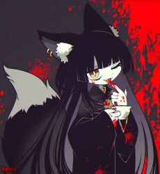 Rule 34 | 1girl, animal ear fluff, animal ears, artist name, black hair, blood, blood on clothes, blood on face, blood on hands, blood on mouth, blood splatter, bright pupils, colored skin, commission, earrings, fang, fox ears, fox girl, fox tail, funamusea (artist), grey background, highres, jewelry, long hair, looking at viewer, one eye closed, orange eyes, original, skeb commission, solo, tail, tongue, tongue out, white pupils, white skin
