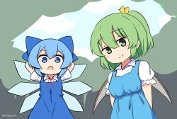 Rule 34 | 2girls, :o, arms behind head, blue bow, blue dress, blue hair, bow, cirno, closed mouth, commentary, daiyousei, detached sleeves, dress, english commentary, fairy wings, ferdy&#039;s lab, forest, green hair, hair between eyes, hair bow, highres, ice, ice wings, multiple girls, nature, open mouth, outdoors, pinafore dress, shirt, short hair, short sleeves, side ponytail, sleeveless dress, smile, touhou, twitter username, upper body, white shirt, wings