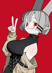 1girl abysmal bare_shoulders belt black_collar black_nails black_skirt breasts brown_coat coat coat_partially_removed collar dutch_angle glasses grey_hair hair_horns hair_ornament hairclip hand_up high-waist_skirt highres kokaki_mumose large_breasts looking_at_viewer looking_to_the_side multiple_belts open_clothes open_coat open_mouth red_background red_eyes round_eyewear short_hair sideboob simple_background skirt sleeveless sleeveless_sweater solo sweater turtleneck turtleneck_sweater underbust upper_body v