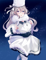 Rule 34 | 1girl, absurdres, azur lane, belt, blue eyes, blush, boots, coat, cross, cross necklace, dress, fur-trimmed boots, fur-trimmed coat, fur-trimmed dress, fur-trimmed headwear, fur hat, fur trim, hat, heterochromia, highres, jewelry, long hair, looking at viewer, murmansk (azur lane), necklace, open mouth, papakha, platinum blonde hair, purple eyes, simple background, snowflakes, solo, standing, white coat, white dress, white hat, winter clothes, winter coat, yuyuyu (yuyuyu ky)