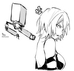 Rule 34 | 1girl, absurdres, anger vein, backless outfit, bare shoulders, breasts, character request, cropped torso, greyscale, highres, looking back, medium breasts, monochrome, nier:automata, nier (series), open mouth, pod (nier:automata), profile, robot, short hair, signature, sofra, teeth, twitter username, upper body, upper teeth only, white background