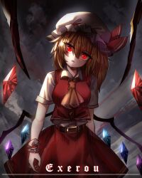 Rule 34 | 1girl, absurdres, blonde hair, commentary, commentary request, crystal, english commentary, flandre scarlet, grey background, hat, hat ribbon, head tilt, highres, looking at viewer, mixed-language commentary, mob cap, one side up, open mouth, red eyes, red ribbon, red skirt, red vest, ribbon, shirt, short sleeves, signature, skirt, solo, top-exerou, touhou, vest, white hat, white shirt, wings