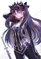 Rule 34 | 1girl, absurdres, artist name, black hair, black ribbon, covered erect nipples, dutch angle, fate/grand order, fate (series), graphite (medium), hand in own hair, highres, horns, ishtar (fate), katana, long hair, looking at viewer, multicolored hair, natsujiru, red hair, ribbon, sheath, sheathed, solo, space ishtar (fate), space ishtar (first ascension) (fate), streaked hair, sword, traditional media, twintails, weapon, white background