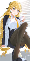 Rule 34 | 1girl, alternate costume, black pantyhose, black skirt, blonde hair, blue eyes, commentary request, foot out of frame, genshin impact, grin, hair intakes, haruri, highres, knee up, long hair, long sleeves, looking at viewer, miniskirt, navia (genshin impact), necktie, pantyhose, pencil skirt, shirt, sitting, skirt, smile, solo, very long hair, white shirt, yellow necktie