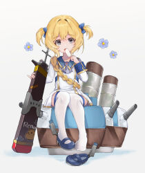 Rule 34 | 1girl, azur lane, blonde hair, blue flower, blue footwear, blue ribbon, dress, flower, food, funnel, green eyes, hair intakes, hair ribbon, hands up, holding, holding food, holding popsicle, little renown (azur lane), long sleeves, looking at viewer, manjuu (azur lane), mary janes, monidare, popsicle, ribbon, shoes, short dress, short hair, signature, simple background, sitting, solo, thighhighs, turret, two side up, white background, white dress, white thighhighs
