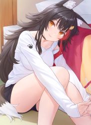 Rule 34 | 1girl, alternate costume, animal ear fluff, animal ears, bed, black hair, breasts, brown eyes, brown hair, choker, collarbone, gradient hair, hair ornament, highres, hololive, indoors, large breasts, leaning to the side, lips, long hair, looking at viewer, multicolored hair, nananichi, on floor, ookami mio, ookami mio (casual), paw print, paw print pattern, shirt, shorts, sidelocks, sitting, sleeves past wrists, smile, solo, streaked hair, tail, thighs, very long hair, virtual youtuber, white shirt, wolf ears, wolf tail