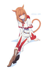Rule 34 | 10s, 1girl, :3, animal ears, blush, boots, brown footwear, brown hair, cat ears, cat tail, commentary request, facial mark, final fantasy, final fantasy xiv, full body, high heels, highres, knee boots, long hair, looking at viewer, miqo&#039;te, purple eyes, robe, simple background, sitting, smile, solo, ssberit, tail, white background, white mage, white mage (fft), white mage (final fantasy)