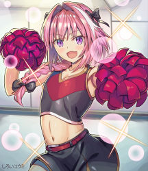 Rule 34 | 1boy, abs, androgynous, astolfo (fate), black bow, blush, bow, braid, cheerleader, crop top, crop top overhang, fang, fate/apocrypha, fate/grand order, fate (series), hair intakes, hair ribbon, looking at viewer, male focus, midriff, miniskirt, multicolored hair, navel, open mouth, pink hair, pom pom (cheerleading), purple eyes, ribbon, shiroi yuumi, single braid, skirt, sleeveless, smile, solo, streaked hair, trap