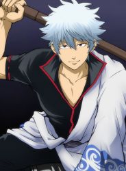 Rule 34 | 1boy, black background, blue hair, brown eyes, gintama, gradient background, happy, husagin, japanese clothes, looking at viewer, male focus, official style, sakata gintoki, short hair, smile, solo, sword, weapon, wooden sword
