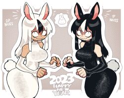 Rule 34 | 2girls, absurdres, alternate color, animal ears, bags under eyes, bare shoulders, black dress, black hair, breasts, chinese zodiac, commentary, covered collarbone, cowboy shot, dress, elbow gloves, english text, fingerless gloves, gloves, halftone, halftone background, highres, inverted colors, large breasts, long dress, long fingers, long hair, looking at viewer, looking up, multicolored hair, multiple girls, new year, noss (rariatto), original, rabbit, rabbit ears, rabbit tail, rariatto (ganguri), ribbed dress, sanpaku, sidelocks, sleeveless, sleeveless dress, streaked hair, tail, vampire, wavy mouth, white dress, white hair, year of the rabbit