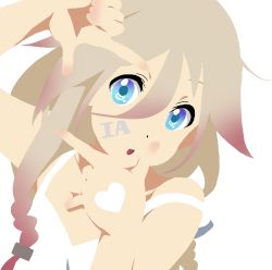 Rule 34 | 1girl, 3aya n, :o, blue eyes, braid, character name, finger frame, gradient hair, grey hair, heart, ia (vocaloid), k-on!, long hair, lowres, multicolored hair, parody, simple background, solo, style parody, twin braids, vocaloid, white background