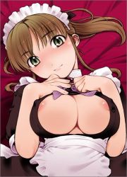 Rule 34 | 00s, 1girl, breasts, brown hair, cleavage, green eyes, kiriyama taichi, large breasts, lowres, lying, maid, maid in heaven, maid in heaven supers, nagisa (maid in heaven), nipples, no bra, on back, open clothes, open shirt, ponytail, shirt, smile, solo