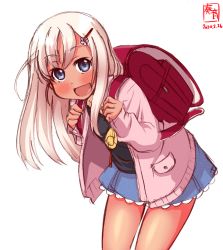 Rule 34 | 1girl, alternate costume, backpack, bag, blonde hair, blue eyes, blush, crime prevention buzzer, dated, hair ornament, hairclip, highres, jacket, kanon (kurogane knights), kantai collection, long hair, long sleeves, looking at viewer, open mouth, randoseru, ro-500 (kancolle), school uniform, shirt, simple background, skirt, smile, solo, tan, white background