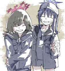 Rule 34 | 2girls, aged down, bandaid, bandaid on face, baseball cap, black hair, black jacket, blue archive, chiriejjiyo, closed eyes, commentary request, facing viewer, grin, halo, hat, highres, jacket, long hair, misaki (blue archive), multiple girls, saori (blue archive), short hair, shorts, simple background, smile, v