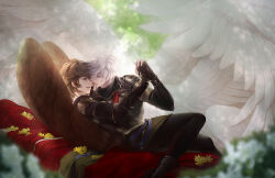 Rule 34 | 2boys, ahoge, armor, blanket, blue eyes, boots, breastplate, brown hair, brown wings, commentary, commentary request, feathered wings, fingerless gloves, flower, from side, gloves, granblue fantasy, hair between eyes, holding hands, hood, hood down, imminent kiss, light, looking at another, lucifer (shingeki no bahamut), lying, messy hair, multiple boys, on back, outdoors, petals, ruina, sandalphon (granblue fantasy), shadow, short hair, tree, white hair, white wings, wings, yaoi