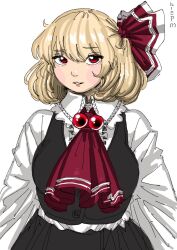 Rule 34 | 1girl, black skirt, black vest, blush, breasts, character name, collared shirt, hair ribbon, highres, medium breasts, parted lips, red eyes, red ribbon, ribbon, rumia, shirt, short hair, simple background, skirt, smile, solo, touhou, upper body, utoka, vest, white background, white shirt