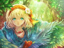 Rule 34 | 1girl, aqua eyes, blonde hair, blue eyes, chiko (d04099), earrings, feathers, flower, forest, green eyes, hair flower, hair ornament, hairband, jewelry, leaf, nature, necklace, original, poncho, short hair, solo, sunlight, tree, wind