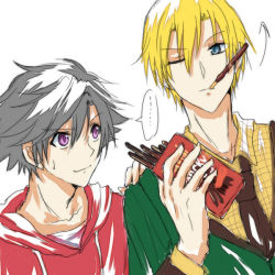 Rule 34 | 2boys, alternate costume, arrow (symbol), black hair, blonde hair, blue eyes, candy, checkered clothes, checkered shirt, chocolate, collarbone, eiyuu densetsu, eyebrows, falcom, food, food in mouth, hair between eyes, hand on another&#039;s shoulder, height difference, hood, hoodie, jusis albarea, light smile, looking at another, male focus, multiple boys, necktie, one eye closed, pocky, purple eyes, rean schwarzer, red hoodie, sen no kiseki, shirt, short hair, simple background, speech bubble, spiked hair, sweat, sweatdrop, white background
