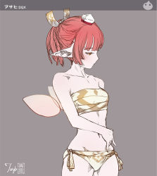 Rule 34 | 1girl, artist name, bare arms, bare shoulders, bikini, blunt bangs, blush, brown bikini, character name, character request, collarbone, cowboy shot, detached wings, dragon quest, dragon quest x, elf, embarrassed, fairy wings, grey background, half-closed eyes, hat, kawamatsu yoshinori, looking away, looking to the side, navel, pointy ears, ponytail, print bikini, red eyes, red hair, short hair, side-tie bikini bottom, signature, simple background, sketch, slime (dragon quest), solo, standing, stomach, swimsuit, tokin hat, tsurime, white hat, wings