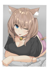 Rule 34 | 1girl, animal ears, bell, black shirt, blue eyes, breasts, brown hair, cat ears, cat tail, cleavage, collar, collarbone, commentary request, eyes visible through hair, fake tail, grey background, hair between eyes, highres, looking at viewer, lying, medium breasts, neck bell, on bed, one eye closed, original, panties, pillow, shirt, short hair, short sleeves, simple background, solo, suiroh (shideoukami), tail, tongue, tongue out, underwear