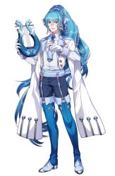 Rule 34 | 1boy, blue eyes, blue hair, blue necktie, blue thighhighs, boots, creatures (company), earrings, full body, game freak, gen 7 pokemon, gloves, hair between eyes, harp, holding, holding instrument, instrument, jacket, jewelry, katagiri hachigou, legs apart, long hair, long sleeves, male focus, necktie, nintendo, open clothes, open jacket, open mouth, personification, pokemon, ponytail, primarina, shirt, simple background, sleeve cuffs, smile, solo, standing, star (symbol), star earrings, thigh boots, thighhighs, tiara, very long hair, white background, white gloves, white jacket, white shirt