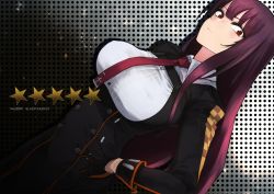 Rule 34 | 1girl, black pantyhose, black skirt, blazer, blush, breasts, character name, closed mouth, collared shirt, framed breasts, girls&#039; frontline, gloves, hair ribbon, half updo, hand on own hip, high-waist skirt, highres, jacket, kojima (blue stardust), large breasts, long hair, looking at viewer, necktie, one side up, pantyhose, purple hair, red eyes, red necktie, ribbon, shirt, skirt, solo, very long hair, wa2000 (girls&#039; frontline), white shirt