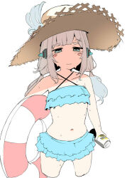 Rule 34 | 1girl, and uge, bikini, blue bikini, blue eyes, blush, brown hat, can, closed mouth, frilled bikini, frills, grey hair, hat, holding, holding can, long hair, low twintails, nanashi inc., navel, solo, straw hat, sweat, swimsuit, terazip, thick eyebrows, twintails, virtual youtuber, white background