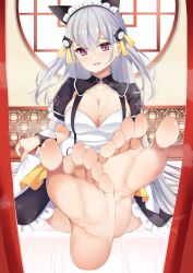 Rule 34 | 1girl, absurdres, animal ears, barefoot, breasts, cleavage, fake animal ears, feet, highres, hourei tenten, light blush, long hair, looking at viewer, maid headdress, melty+, open mouth, pink eyes, soles, steam, sweat, toes, virtual youtuber