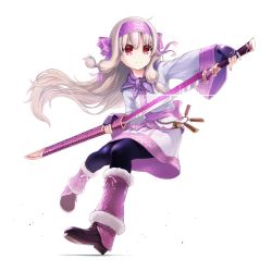 Rule 34 | &gt;:), 1girl, ainu clothes, blue pantyhose, blush, boots, brown footwear, brown hair, closed mouth, commentary request, fate/grand order, fate (series), fingerless gloves, floating hair, full body, fur trim, gloves, hairband, highres, holding, holding sword, holding weapon, illyasviel von einzbern, leg warmers, long hair, long sleeves, looking away, looking to the side, pantyhose, pink hairband, purple gloves, red eyes, shadow, sheath, sitonai (fate), smile, solo, sword, unsheathing, v-shaped eyebrows, very long hair, weapon, white background, wide sleeves, yoka1chi