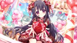 Rule 34 | 1girl, black hair, blush, bow, box, brooch, brown dress, closed mouth, concert, dot nose, dress, dutch angle, film grain, game cg, gift, gift box, hair bow, hair ornament, head tilt, headset, heart, heart-shaped box, heart brooch, heart hair ornament, ichikishima mizuha, idol, idol clothes, incoming gift, izumi tsubasu, jewelry, layered skirt, lens flare, long hair, non-web source, official art, pink skirt, plaid, plaid bow, purple eyes, re:stage!, red bow, screen, skirt, smile, solo, sparkle, stage, stage lights, straight hair, valentine, very long hair