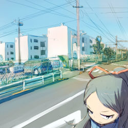 Rule 34 | 1girl, artist request, bad id, bad pixiv id, black eyes, black hair, building, car, chain-link fence, day, fence, forehead, frown, long hair, motor vehicle, original, outdoors, parted bangs, perspective, ponytail, power lines, ribbon, road, road sign, scenery, sign, solo, street, tree, utility pole, vehicle