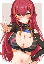 Rule 34 | 1girl, :3, black shirt, blush, breasts, choco tanuki, cleavage, closed mouth, crop top, glasses, hand on own hip, highres, large breasts, long hair, long sleeves, navel, nekota tsuna, red hair, shirt, simple background, solo, torn clothes, torn shirt, upper body, v, virtual youtuber, vspo!, yellow eyes