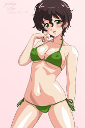 Rule 34 | 1girl, akiyama yoshiko, arm behind back, artist name, bikini, blush, breasts, brown hair, commentary, covered erect nipples, dated, earrings, girls und panzer, green bikini, green eyes, hand in own hair, head tilt, jewelry, kneeling, leaning to the side, matsui yasutsugu, mature female, medium breasts, messy hair, navel, one-hour drawing challenge, open mouth, pink background, short hair, side-tie bikini bottom, signature, simple background, smile, solo, stud earrings, swimsuit