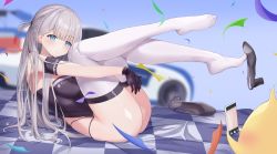 Rule 34 | 1girl, absurdres, azur lane, bare shoulders, black gloves, blue eyes, blurry, blurry background, blush, breasts, criss-cross halter, feet, gloves, halterneck, high heels, highres, large breasts, long hair, looking at viewer, manjuu (azur lane), mole, mole under eye, one side up, open shoes, pla0658, race queen, revealing clothes, shoe dangle, shoes, shoukaku (azur lane), shoukaku (sororal wings) (azur lane), silver hair, single shoe, strappy heels, thighhighs, thighs, toes, very long hair, white thighhighs