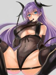 Rule 34 | 1girl, :o, alternate costume, azur lane, bare shoulders, black gloves, black thighhighs, blue eyes, blunt bangs, blush, breasts, clothing cutout, covered navel, demon girl, demon horns, demon tail, edobox, finger to mouth, glasses, gloves, gneisenau (azur lane), gneisenau (nightmarish succubus) (azur lane), horns, large breasts, long hair, pubic tattoo, red-framed eyewear, revealing clothes, see-through, shiny skin, simple background, skindentation, solo, spread legs, tail, tattoo, thighhighs, thighs, underboob, underboob cutout, very long hair, wings