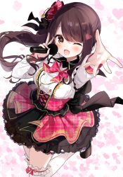 Rule 34 | absurdres, arms up, blush, breasts, brown hair, dress, emia (castilla), frilled dress, frilled skirt, frills, gumyo yukuru, hair ornament, hands up, highres, lace, large breasts, looking at viewer, looking up, one eye closed, open mouth, pink dress, pink skirt, ribbon, skirt, smile, solo, virtual youtuber