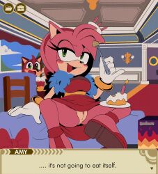 Rule 34 | 1girl, absurdres, amy rose, anus, ass, barry the quokka, blue scarf, blush, bow, bracelet, breasts, cake, cake hat, candle, cleft of venus, clitoris, curvy, cutlery, dessert, dialogue box, dress, eating, english text, eyelashes, food, fork, furry, gloves, green eyes, hairband, hat, high heels, highres, indoors, jewelry, long eyelashes, medium breasts, medium hair, narrowed eyes, naughty face, no panties, on table, open mouth, party hat, pink fur, pink hair, pussy, red bow, red dress, red footwear, red hairband, scarf, seductive smile, sega, senshion, shoes, signature, sitting, sitting on table, smile, sonic (series), table, the murder of sonic the hedgehog, thick thighs, thighs, tools, train, uncensored, vehicle, visual novel, white gloves, wide hips