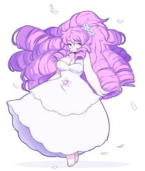 Rule 34 | 1girl, barefoot, breasts, cleavage, clothing cutout, dress, drill hair, flower, gem, hair flower, hair ornament, highres, large breasts, long hair, looking at viewer, navel cutout, petals, pink hair, punipaws, rose quartz universe, smile, solo, steven universe, very long hair, white dress