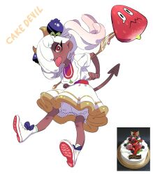 Rule 34 | 1girl, arms up, bloomers, blueberry, blueberry hair ornament, bow, brown horns, cake, christmas, christmas cake, crying, crying with eyes open, dark-skinned female, dark skin, demon, demon girl, demon horns, demon tail, donuttypd, dress, eyeshadow, food, food-themed hair ornament, footwear bow, frown, fruit, hair ornament, hair over one eye, horns, long hair, looking at viewer, makeup, medium dress, merry christmas, multicolored hair, original, personification, pink hair, ponytail, purple bow, real life, red eyes, shoes, socks, strawberry, tail, tears, tongue, tongue out, underwear, white background, white bloomers, white dress, white footwear, white hair, white socks