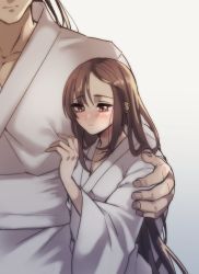 Rule 34 | 1boy, 1girl, blush, brown hair, collarbone, commentary request, earrings, fate/grand order, fate (series), grey background, hand on another&#039;s shoulder, head out of frame, highres, humanization, jewelry, long hair, multiple earrings, red eyes, robe, seeds328, size difference, very long hair, white robe, xiang yu (fate), yu mei-ren (fate)