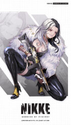 Rule 34 | 1girl, artist request, black gloves, black hair, black shorts, black thighhighs, breasts, cleavage, commentary request, copyright name, earrings, forehead, full body, fur sleeves, gloves, goddess of victory: nikke, grid background, grin, gun, half gloves, high heels, highres, holding, holding gun, holding weapon, jewelry, large breasts, multicolored hair, official art, on one knee, pink eyes, rosanna (nikke), shiny clothes, shiny skin, shorts, smile, solo, tattoo, thighhighs, two-tone hair, v-shaped eyebrows, weapon, white hair, zoom layer