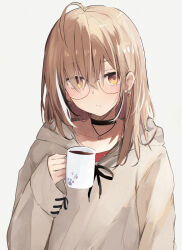 Rule 34 | 1girl, ahoge, berry, black choker, brown eyes, brown hair, brown hoodie, choker, coffee, coffee mug, crossed bangs, cup, earrings, food-themed earrings, glasses, highres, holding, holding cup, hololive, hololive english, hood, hoodie, jewelry, long bangs, long hair, looking at viewer, mug, multicolored hair, nanashi mumei, nanashi mumei (casual), necklace, official alternate costume, oversized clothes, paw print, red shirt, round eyewear, shirt, shuuzo3, streaked hair, sweater, virtual youtuber, white sweater, wide sleeves