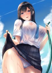 Rule 34 | 1girl, black hair, black skirt, blue sky, breasts, brown eyes, clothes lift, cloud, collared shirt, commentary request, contrail, day, hair between eyes, highres, holding, holding hose, hose, large breasts, lifted by self, nipples, no bra, nyanko kaitou, original, outdoors, panties, pleated skirt, school uniform, see-through, shirt, short sleeves, skirt, skirt lift, sky, solo, standing, thighs, underwear, wet, wet clothes, wet panties, wet shirt, white panties, white shirt