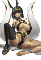 Rule 34 | 1girl, animal ears, aqua eyes, artist request, black gloves, black hair, black thighhighs, blue hair, closed mouth, commission, dark-skinned female, dark skin, earrings, egyptian clothes, egyptian mythology, elbow gloves, gloves, grabbing own breast, hair ornament, head tilt, highres, hoop earrings, jewelry, multicolored hair, original, partially fingerless gloves, pelvic curtain, revealing clothes, sandals, second-party source, set (mythology), shiny skin, short hair, simple background, single thighhigh, sitting, solo, streaked hair, sweat, thighhighs, thighlet, white background