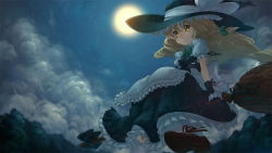Rule 34 | 1girl, apron, atsuki, bad id, bad pixiv id, blonde hair, bow, bowtie, braid, broom, broom riding, buttons, cloud, embellished costume, female focus, fingerless gloves, flying, frills, from below, full moon, gloves, hat, kirisame marisa, kneehighs, lace, light smile, moon, night, night sky, short hair, side braid, sidesaddle, single braid, sky, socks, solo, staring, touhou, white socks, witch hat, yellow eyes