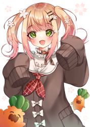 Rule 34 | 1girl, :d, absurdres, blush, bow, brown coat, carrot, coat, commentary request, cowboy shot, fang, flower, green eyes, hair flower, hair ornament, hairclip, highres, hololive, long hair, looking at viewer, momosuzu nene, momosuzu nene (casual), narurock8925, neckerchief, open mouth, red neckerchief, sailor collar, shirt, sidelocks, simple background, sleeves past fingers, sleeves past wrists, smile, solo, standing, twintails, virtual youtuber, white background, white bow, white sailor collar, white shirt