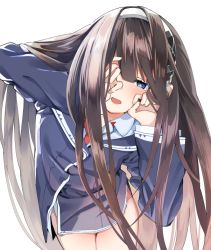 Rule 34 | 1girl, :d, absurdly long hair, azur lane, bad id, bad pixiv id, blue eyes, brown hair, cowboy shot, hands on own face, harutoyo, headphones, long hair, long island (azur lane), looking at viewer, no pants, open mouth, simple background, smile, solo, very long hair, white background